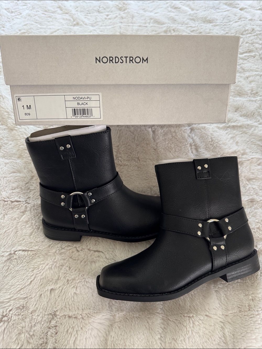 Nordstrom Black Leather Harness Ankle Boots with Silver Studs